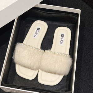 Fashionable Pearl Furry Flat Bottom Sandals Womens Summer Outdoor Wear New 2025 Fairy Style Slip-On French Style Thong Slippers