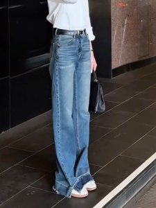 MANMI | Quần Jeans Dài Sàn Viền Rơi Thiết Kế Giảm Eo Cao