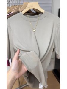 Milk Tea Color Small Stand-up Base Shirt Women's Inner Wear Autumn New Half Sleeve Slim Slim Looking Versatile Mid-Length Sleeve T-shirt Fashion