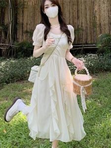 French Romantic Gentle Wind Bubble Sleeve Thin Veil Dress Summer Beach Vacation Irregular Princess Long Dress Womens Skirt