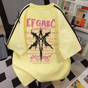 Áo Thun Cotton Tay Ngắn Cổ Tròn Dáng Rộng Mùa Hè Cho Nữ Màu Vàng Nhạt Phong Cách Cổ Điển Đại Học in Họa Tiết Thường Ngày