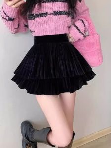 Velvet Cake Skater Miniskirt High Waist Black A-Line Short Skirt
