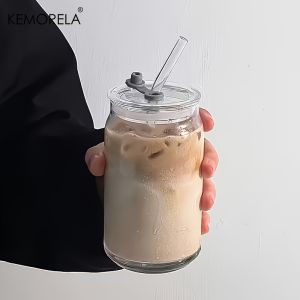 1/2PCS High Borosilicate Glass Tumblers 500ML Shape Reusable and Cold and Heat Resistant Includes Straw and Lid for Milk Coffee