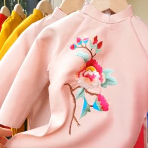 Áo Dài Gia Đình Bé Trai Và Bé Gái Tết Đoàn Viên Màu Hồng