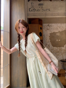 imimtuan | Korean Style Puff Sleeves Pinched Pleats Fresh and Clean Dress