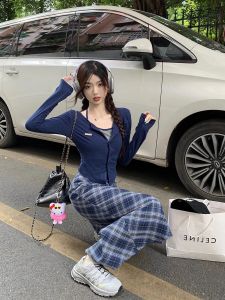 Womens Plaid Long Sleeve Top And Skirt Two-Piece Set Neck Hanging Design Autumn New Style Pure Desire Fake Two-Piece Dress