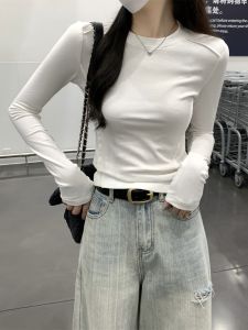 Womens Slim Fit Long Sleeve T-Shirt White American Retro Shoulder Fishbone Short Style Base Shirt Inner Wear Autumn Winter New Arrival