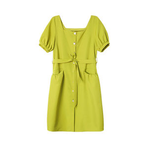 Summer 2025 New Retro Square Collar Avocado Green Dress Sister Set Womens Fashion Korean Style Button Pocket Butterfly Knot High Waist A-Line Skirt