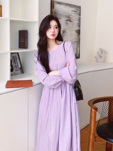 Elegant Pastel Purple Long Sleeve Dress Womens Spring Autumn 2025 New Style Tea Break French High-End Feeling Long Dress