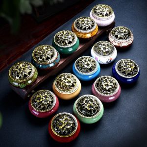 Ceramic ice crack plate incense burner home decoration copper cover antique alloy incense plate aroma diffuser incense burner