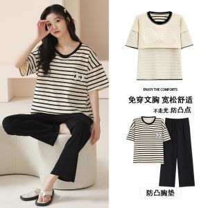 Pure Cotton Sleepwear Women Summer One-Piece Short Sleeve round Neck Pants Set Thin Grid Pattern Home Clothes Set