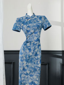 Blue Waist Pinched Elastic Lace Remade Young Short Sleeve Vintage Dress