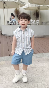 BE283 Bộ áo sơ mi sọc quần đùi kaki BERNIE quần áo cho bé trai đi chơi phong cách Hàn Quốc