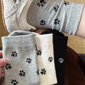 3Pairs INS Puppy Paw Printed Socks Cute Korean Autumn Winter Mid-tube Socks Women Girls
