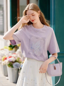 XIANGYING | Purple Butterfly Print Short Sleeve Summer T-shirt