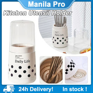 Kitchen Utensil Holder with Dustproof Cover Multifunctional Drain Chopsticks Spoons Storage Holder Cylinder Detachable Cage Flatware Rack Spoon Fork Drying Kitchen