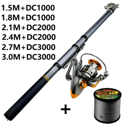 GHOTDA Short Telescopic Rock Fishing Rod Combo 1.5-3M Carbon Pole Spinning Reel 1000-3000 Series with Braided Line Full Kits