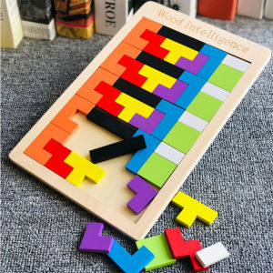 Wooden Building Blocks Russian Tetris Puzzle Toy T Tangram Tetris Education Brain Development Jigsaw Early Learning Kids Brain Teaser Toy Gambar Warna Mainan Kanak-kanak
