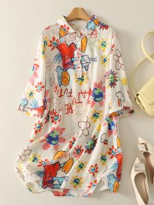 Váy Sơ Mi Cotton in Họa Tiết Graffiti Mùa Hè Cho Nữ Dáng Rộng Dài Vừa Phải Dáng Chữ A Cổ Polo Váy Công Sở Váy Thường Ngày