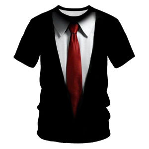 Summer Trendy Mens T-Shirt 3D Digital Printing Short Sleeve Casual Loose Fit V-Neck Top Fashionable Fake Two-Piece Design