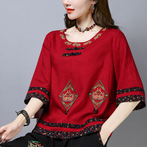 Áo Sơ Mi Vải Lanh Cotton Rộng Rãi Cổ Tròn Tay Bảy Mùa Hè Phong Cách Mới Cho Nữ Áo Sơ Mi Thường Ngày Thoáng Khí Chống Nắng