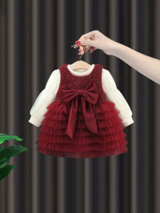 ชุดเดรสเด็กผู้หญิงสีแดง ฤดูหนาว 2024 ชุดเดรสเจ้าหญิง ชุดราตรีปีใหม่ ชุดเด็ก ชุดเดรส กระโปรงทรงเค้ก แขนยาว คอตั้ง