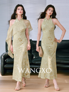 WANGXO | Embroidered Golden Mesh Cheongsam Dress
