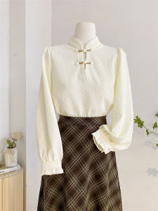 เสื้อเชิ้ตคอตั้งแขนยาวผู้หญิงฤดูใบไม้ร่วง/ฤดูหนาว ดีไซน์จีนใหม่ กระดุมปักลาย ทรงเข้ารูป เสื้อตัวบน