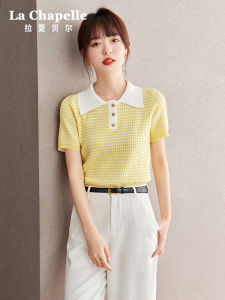 La Chapelle  Style Color Block Knitwear Womens Fashionable Collared Top Korean Version Versatile Summer New Arrival