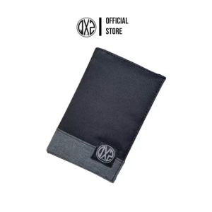 QXZ94 Dompet Pria Kulit Kanvas Kombinasi Motif Print Ukuran Tanggung 3/4 Lipat Kartu Polos Hitam Abu