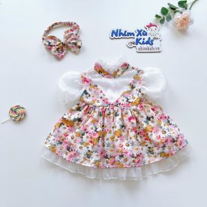 Váy Lụa Hoa Tay Ngắn Bé Gái 3 Đến 15kg Chất Lụa Phối Tơ Xước Ánh Nhũ [V029]