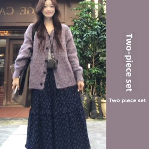 YUEZHONGWEI | Purple Round Neck Autumn Winter Thick Loose Knit Cardigan
