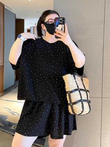 plus Size Womens Casual Fashion Gold Embossed Loose Short Sleeve Skort Set Slimming Sportswear Two-Piece Suit Polyester Fiber