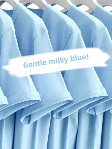 Loose Fit Cotton T-Shirt Pure Color White Blue round Neck Short Sleeve Mens Casual Top Breathable Summer Basic Style