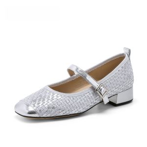 Saturdays Fashionable Straw Weave Mary Jane Shoes Womens Low Cut Slip-On Thick Heel Casual Leather Shoes for Young Adults