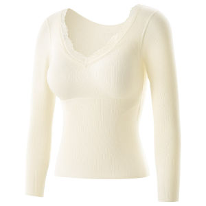 AIMO | Womens Warm Wool Underwear Set With Chest Pad Thin Design Base Layer Shirt Autumn Clothes And Pants V-neck Soft Polyester