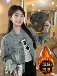 Retro Hong Kong Style Fleece Lined Casual Stand Collar Denim Jacket Womens Winter Loose Slimming Leisure Coat Top
