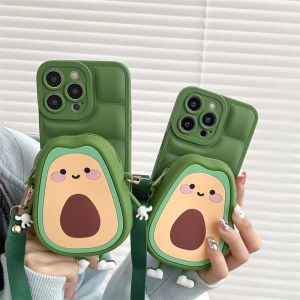 เคส iPhone 12 Pro Max 11 13 14 15 Pro Max XS MAX XR XS X 7 8 Plus 8 + เคสกระเป๋าสตางค์สายสายคล้องปรับได้อะโวคาโด