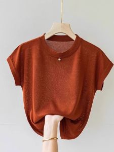 Summer Thin Ice Silk Knitted Short Sleeve T-Shirt Womens Loose Fit round Neck Top Korean Style Casual Wear Regular Length