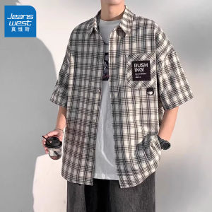 Zhenvis Gingham Shirt Mens Short-Sleeved Summer Thin Loose Casual Shirt American Fashion Brand Retro Jacket