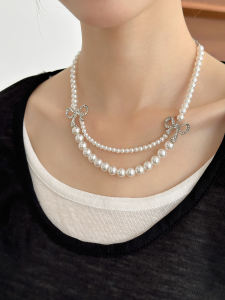 Luxurious Pearl Saturn Beaded Double Layer Diamond Embedded Necklace Womens Fashion Jewelry Fresh out Style Alloy Chain
