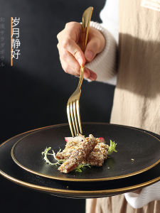 Japanese Style Matte Plated Steak Plate Gold Rimmed Dinnerware Set for Two Couples Western Dining Dish Ceramic round Flat Plate