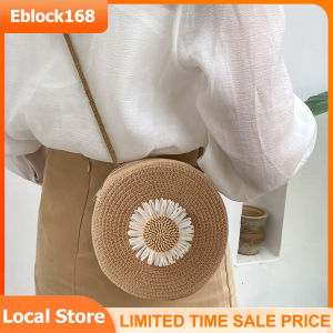 Bali Vintage Handmade Crossbody Leather Bag Round Straw Beach Bag Girls Circle Rattan bag Small Bohemian Shoulder bag(Brown)