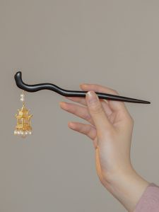 Retro Black Ebony Hairpin Natural water Pearl Traditional Chinese Style Hair Accessories Elegant Palace Lamp Design