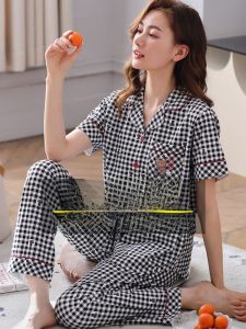 Summer Pure Cotton Sleepwear Womens Short Sleeve Long Pants Thin New 2025 Plaid Female Home Clothes Mid-Year Mom Home Clothes