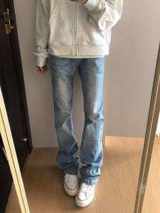 กางเกงยีนส์ทรงตรงเอวสูงทรงสลิมฟิตสำหรับผู้หญิง สีฟ้าอ่อน กางเกงขายาวทรงขาบาน ทรงสลิมฟิต กางเกงขายาวทรงตรง