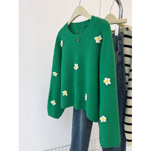 Christmas Green 3D Flower Sweater Womens Autumn Winter Loose Short Knitted Top Overhead Thick Warm Fashionable Inner Wear