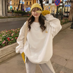 Red Wine Color Fleece-Lined round Neck Thickened Hoodless Womens Sweatshirt Korean Style Long Sleeve Cotton Polyester Blend