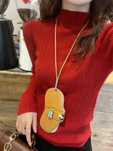 Blue Knitted Long Sleeve Half High Collar Striped Womens Base Layer Top Korean Style Straight Cut Premium Feeling Sweater