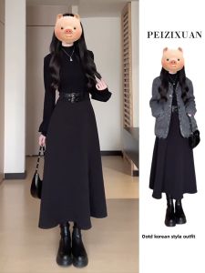 PEIZIXUAN | Elegant Hepburn Style High-Waist Long Sleeve Black Dress for Petite Early Spring